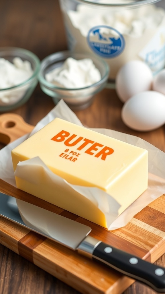 An 8 oz block of butter on a cutting board with a knife, surrounded by baking ingredients.
